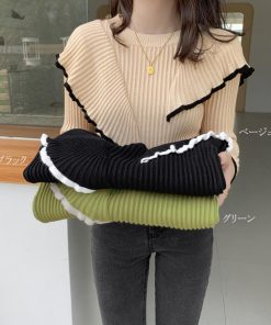 ニット・セーター | 秋冬 スリムフィット フリルトップス長袖 フレア ニットセーター ニットソー リブニットトップス レディース モックネック