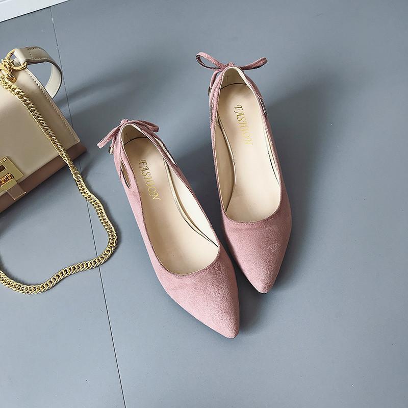 パンプス | スエード調 ポインテッドトゥ チャンキーヒール スエード太ヒール ストラップなし スリップオン バックリボン 無地 大きいサイズ ミドル