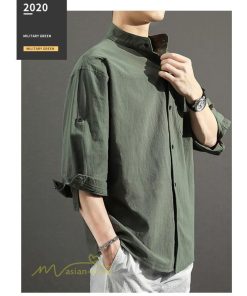 シャツ | 夏メンズ 麻 綿 カジュル 7分丈 カッコイイ ワイドゆったり 夏コーデ 新作 サマー風 スタンドカラー 日常感 無地 5XL ボタン 上品 大きいサイズ