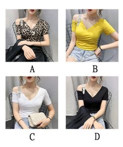 Tシャツ・カットソー | Tシャツ 肩だし クロスVネック コットン トップス 半袖 ヒョウ柄 無地 レディース スタイリッシュ 個性的 エレガント セクシー 着痩せ 気質 フェミニン