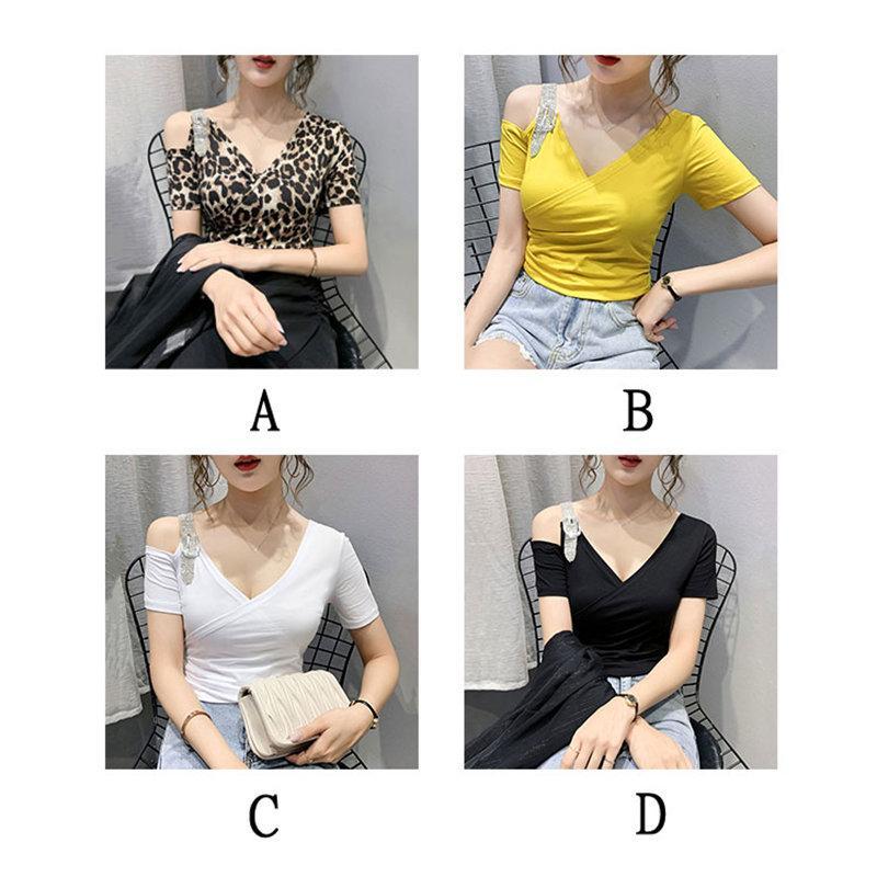 Tシャツ・カットソー | Tシャツ 肩だし クロスVネック コットン トップス 半袖 ヒョウ柄 無地 レディース スタイリッシュ 個性的 エレガント セクシー 着痩せ 気質 フェミニン