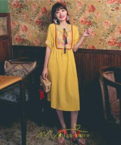 マキシ | ワンピース レディース 刺繍 綿麻 レトロ調 インスタ映え ナチュラル エスニック風 民族風 ボヘミアン 柔らかい SNS映え リゾート 赤 黄色 撮影 白