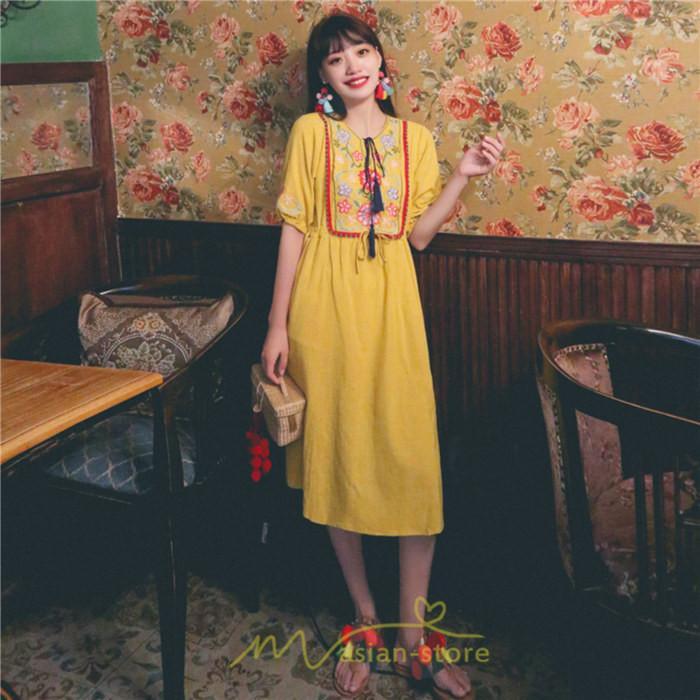 マキシ | ワンピース レディース 刺繍 綿麻 レトロ調 インスタ映え ナチュラル エスニック風 民族風 ボヘミアン 柔らかい SNS映え リゾート 赤 黄色 撮影 白