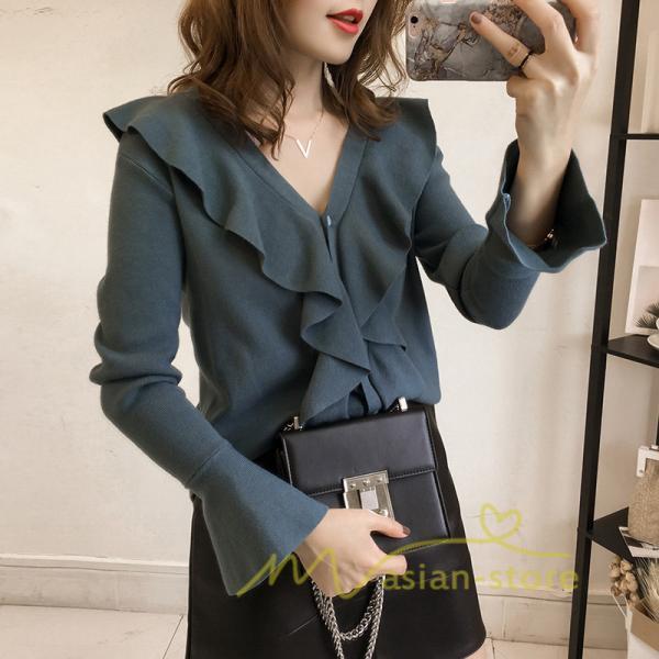 在庫ある | 短納期ニットインナーレディーストップス ニットブラウス フレアファッション フォーマルオフィスビジネスカジュアルブラウス 薄手 通学通勤 可愛い 着痩せ OL