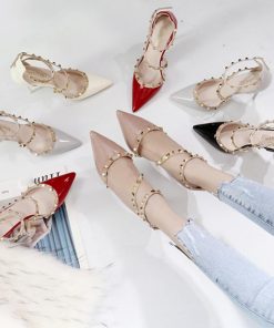 サンダル | レディース エレガント ハイヒール リベット ポインテッドトゥ ピンヒール アンクルストラップ シューズ 痛くない パンプス