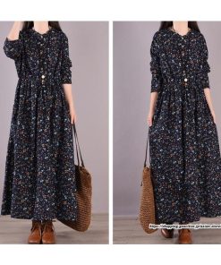 マキシ | 花柄ワンピース30代レディース秋物 リネンワンピース 綿麻風 シャツワンピース ロングワンピース ミモレ丈 長袖ワンピース リボン付き 秋ワンピース 大人