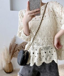 透かし編みトップス | レディース5分袖 トップス ブラウス プルオーバー シースルーカットソー 透け感 春夏 かぎ編み 透かし編み 花刺繍
