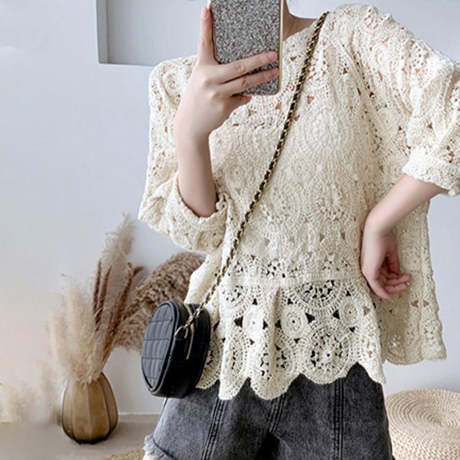 透かし編みトップス | レディース5分袖 トップス ブラウス プルオーバー シースルーカットソー 透け感 春夏 かぎ編み 透かし編み 花刺繍