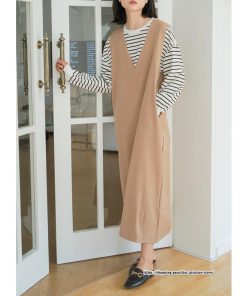 ノースリーブ | タンクワンピース 秋物 レディース ワンピース サイドポケット Vネック バックスリット入れ 20代50代 通学通勤 無地 大人 2022秋冬