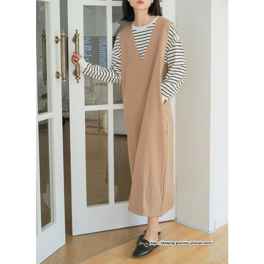 ノースリーブ | タンクワンピース 秋物 レディース ワンピース サイドポケット Vネック バックスリット入れ 20代50代 通学通勤 無地 大人 2022秋冬