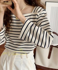 ｔシャツ・カットソー | 長袖 Tシャツ カットソー レディース シャツ 袖 ストライプ 韓国ファッション トップス 通勤通学 カジュアル 着回し 上品 夏物 ゆったり お出かけ 20代30代40代