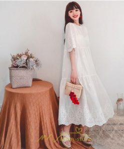 マキシ | ワンピース レース 丸首 刺繍 ロングワンピース レディース 夏秋 結婚式 きれいめ フォーマル 大人 上品 綿麻 白 黄色 コットン ピンク かわいい リネン