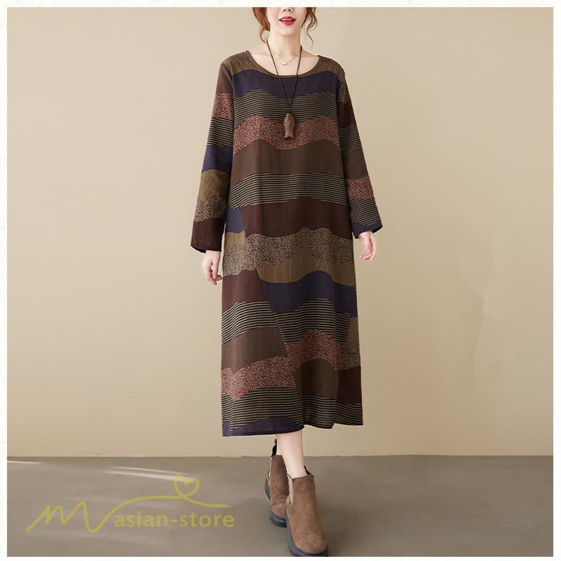 マキシ | ワンピース ロング丈 レディース シンプル 長袖ワンピース Aライン 秋コーデ カジュアル 丸首 40代 体型カバー ゆるワンピース 大きいサイズ ゆったり 50代