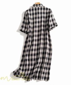 送料無料SALE | チェックワンピース 半袖ワンピース 夏ワンピース シャツワンピース ロングシャツ 膝上丈 麻 羽織り 前開き ポケット 30代40代 可愛い スリム 女の子