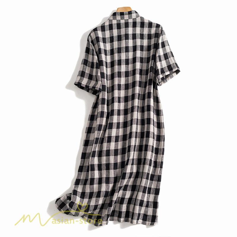 送料無料SALE | チェックワンピース 半袖ワンピース 夏ワンピース シャツワンピース ロングシャツ 膝上丈 麻 羽織り 前開き ポケット 30代40代 可愛い スリム 女の子