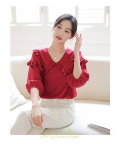 シャツ・ブラウス | トップス ブラウス 七分袖 シャツ きれいめ レディース 夏 白 赤 クルーネック フリル 春夏コーデ オフィス お仕事 通勤 就活 お出かけ ビジネス カジュアル