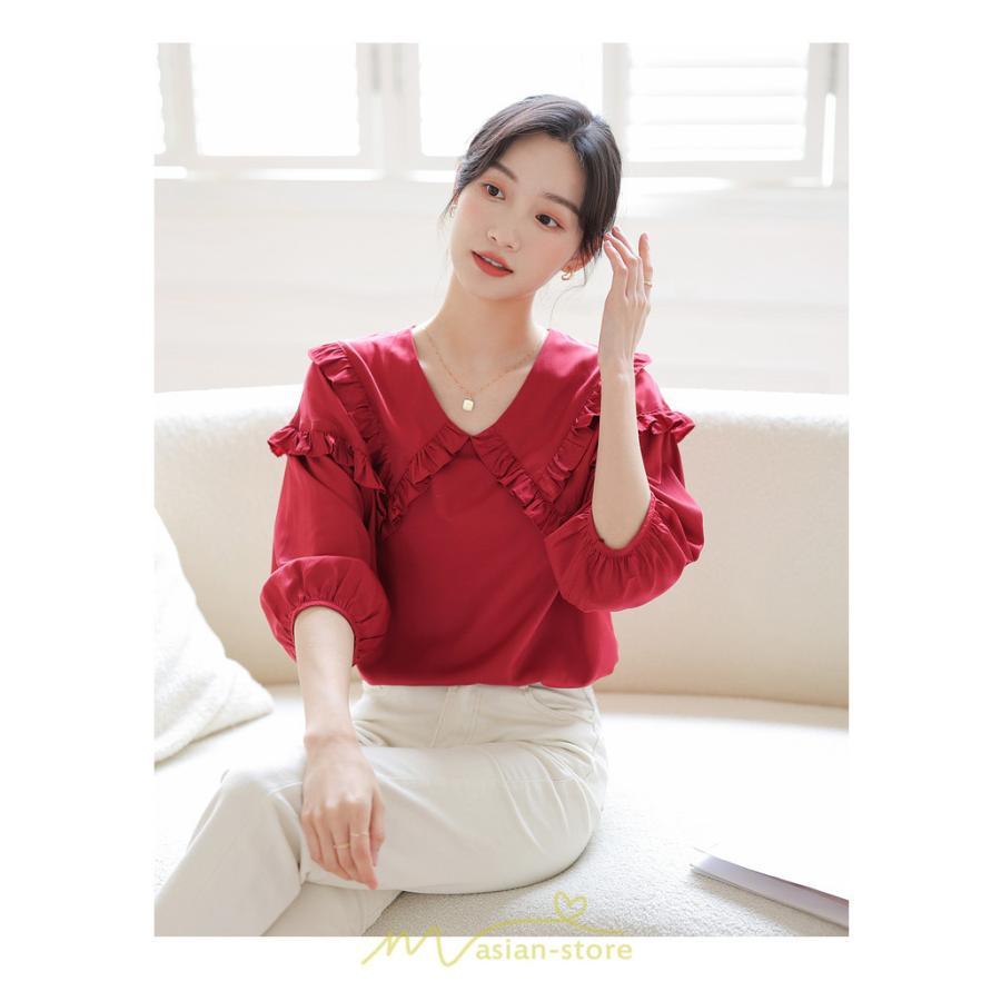 シャツ・ブラウス | トップス ブラウス 七分袖 シャツ きれいめ レディース 夏 白 赤 クルーネック フリル 春夏コーデ オフィス お仕事 通勤 就活 お出かけ ビジネス カジュアル