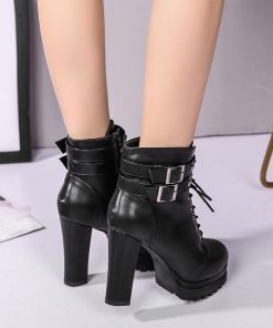 ショートブーツ | ブーツ 厚底シューズ ラウンドトゥ チャンキーヒール レースアップ サイドファスナー ハイヒール 厚底ブーツ レディース 黒ブーツ 25cm