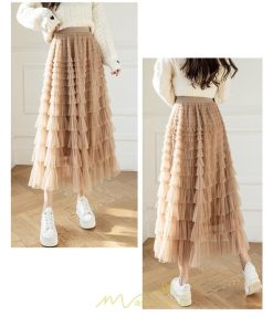 スカート | ロングレディース ティアードチュールプリーツおしゃれ 無地 可愛い カジュアル 韓国風 20代 40代 50代 30代
