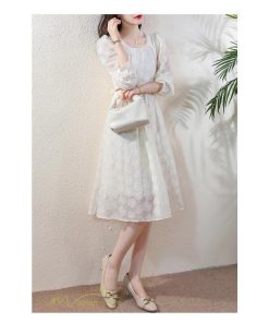 ミディアム | Aラインワンピース 秋コーデ レディース 長袖 膝丈ワンピース 腰リボン付き 刺繍 パフスリーブ 美ライン シルエット 大人 無地 オフィス お呼ばれ フォーマル