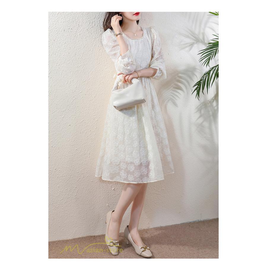 ミディアム | Aラインワンピース 秋コーデ レディース 長袖 膝丈ワンピース 腰リボン付き 刺繍 パフスリーブ 美ライン シルエット 大人 無地 オフィス お呼ばれ フォーマル