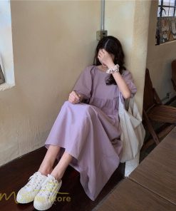 マキシ | ワンピース パフスリーブ 半袖 スクエアネック ゆったり 体型カバー ゆるワンピース フリーサイズ かわいい 無地 シンプル おしゃれ お出かけ レトロ 夏物 上品