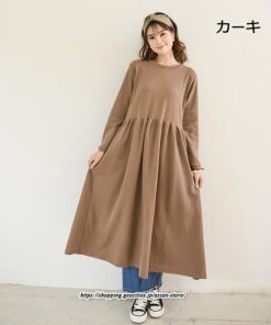 マキシ | ワンピース レディース ウエスト切替 スウェット素材 ロングワンピース タック入 L XL XXL シンプル カジュアル キレイめ 40代 通勤 オシャレ 50代 30代 20代