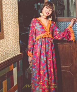 マキシ | ワンピース 長袖 ゆったり 夏秋 レディース 個性的 マキシ丈 楽ちん 体型カバー エスニック 着痩せ 赤 青 オレンジ レトロ 高品質 民族風 20代30代40代 旅行 海