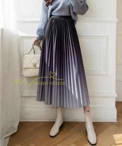 スカート | プリーツロングミモレ丈 グラデーションAラインウエストゴム ハイウエスト 秋冬 無地 ゆったり 大人 通学通勤