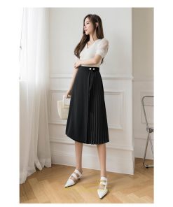 スカート | プリーツひざ下 きれいめ 上品 ハイウェスト スリット Aライン デート 黒 きれい 着痩せ 通勤 OL オシャレ ビジネス 春夏秋冬 脚長効果 オフィス