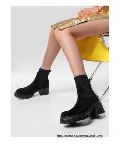 ショートブーツ | 大きいサイズ27cm レディース 上品 ブーツ 秋冬 春 厚底ブーツ ラウンドトゥ ソックス切り替え 太ヒール 大人 チャンキーヒール 黒ブーツ