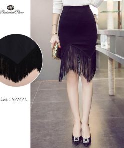 ひざ丈スカート | タイトスカート ミニ 裾 タッセル付きスカート アシンメトリー フリンジ セクシー