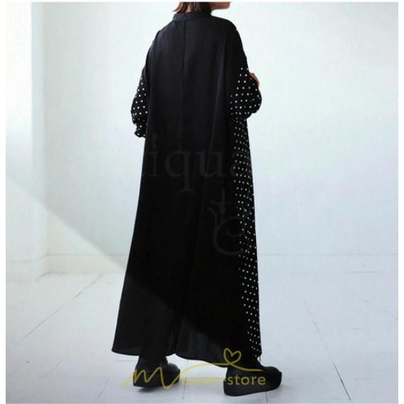 マキシ | ドットワンピース ドッキングワンピース 切替 秋 レディース ロングワンピース 長袖 Aラインワンピース 大人 可愛い ゆったり 30代ワンピース スタンドカラー