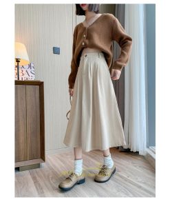 スカート | コーデュロイ台形秋冬 Aライン バッグゴム サイドポケット リブ 広い裾幅 通学通勤 オフィス ミモレ丈 可愛い ロング丈 低身長