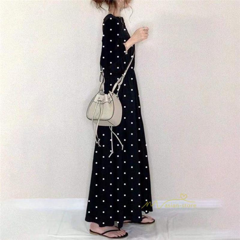 マキシ | ワンピース ロングワンピース レディース 春 秋 ドット柄 マキシワンピース 長袖 Aラインワンピ カジュアル 韓国ファッション きれいめ Vネック 2022