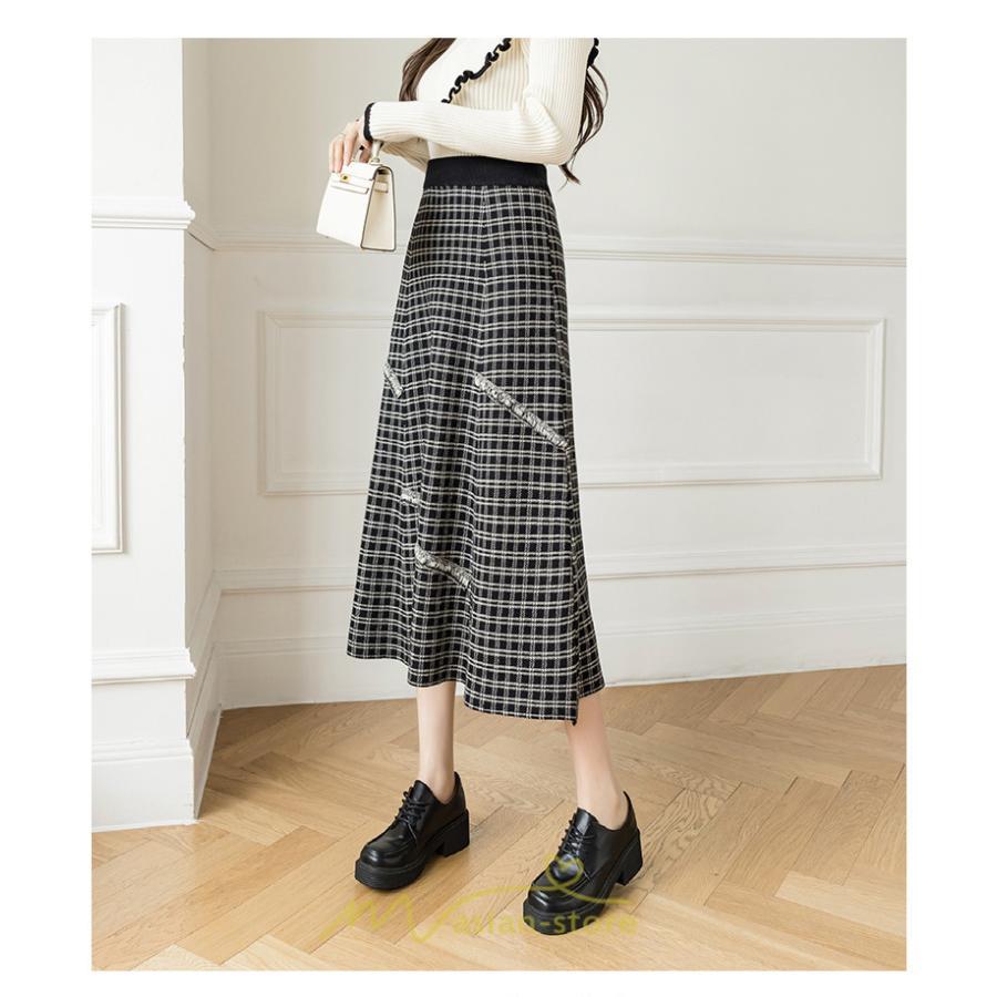 スカート | ロングチェック柄 ニット きれいめ レディース ロング丈 女子会 デート 20代 30代 40代 50代 秋 あったか お出かけ 冬 フレア 高見え 細見え