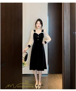 ミディアム | Aラインワンピース 秋コーデ レディース 長袖 切り替え ビロード 膝丈ワンピース 美ライン シルエット 無地 黒ワンピース オフィス フォーマル 大人 お呼ばれ