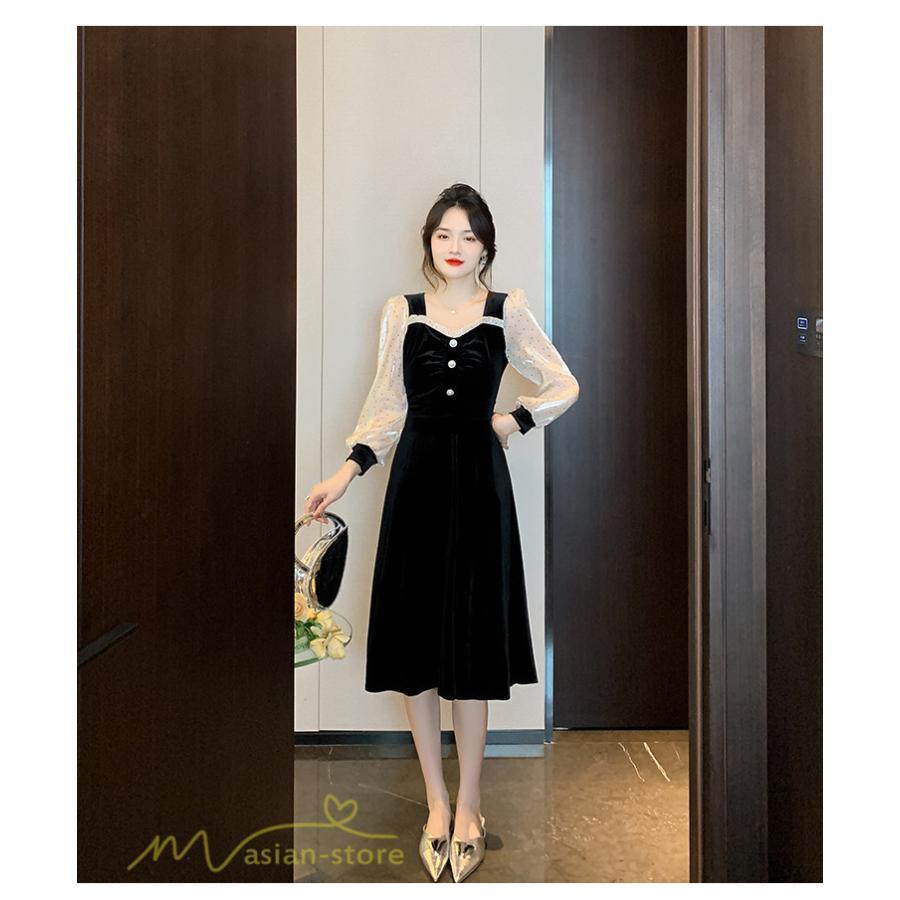 ミディアム | Aラインワンピース 秋コーデ レディース 長袖 切り替え ビロード 膝丈ワンピース 美ライン シルエット 無地 黒ワンピース オフィス フォーマル 大人 お呼ばれ