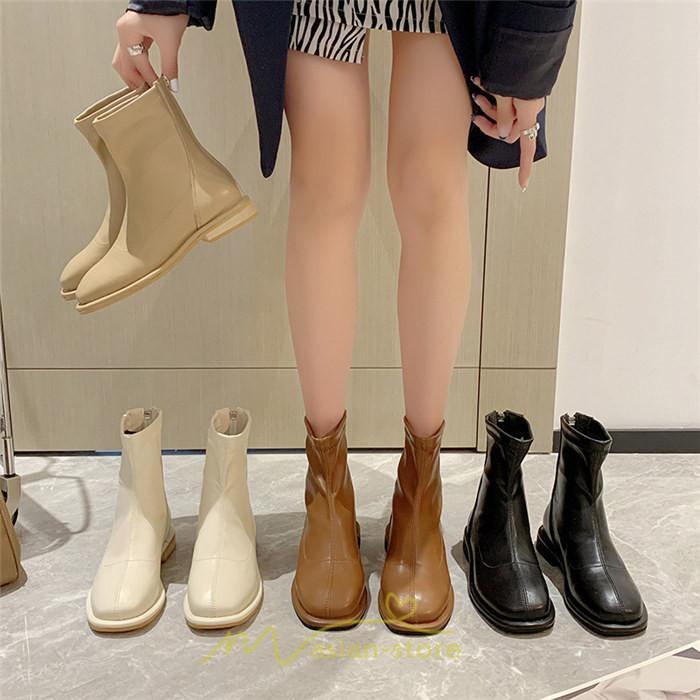 ショートブーツ | ブーツ レディース グランドトゥ 痛くない 歩きやすい 疲れない 滑りにくい 履きやすい ブラック オフホワイト カーキ ブラウン 22.5cm-25cm 黒