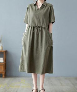マキシ | ワンピース ゆるワンピース 無地 シャツワンピース ネック 麻混 ひざ丈 ウエスト紐 カジュアル ポケット 体型カバー ゆったり 30代 50代 夏物 40代 シンプル