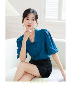 シャツ・ブラウス | ブラウス レディース オフィス シャツ 青 フォーマル 半袖 おしゃれ カジュアル フェミニン 開襟 着痩せ フランス風 お仕事 クラシック ビジネス 通勤 OL