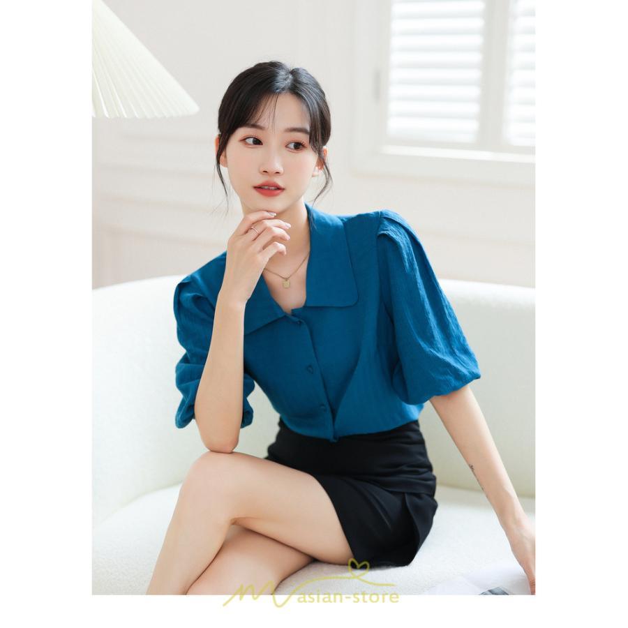 シャツ・ブラウス | ブラウス レディース オフィス シャツ 青 フォーマル 半袖 おしゃれ カジュアル フェミニン 開襟 着痩せ フランス風 お仕事 クラシック ビジネス 通勤 OL