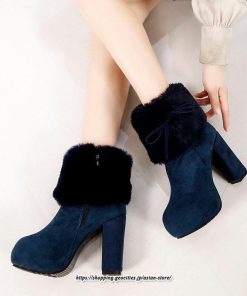 ブーツ | ショートレディース ハイヒール 10cmヒール 厚底 冬用 保温防寒 スエード調 ファー 靴 冬靴 太めヒール シューズ サイドジッパー 痛くない