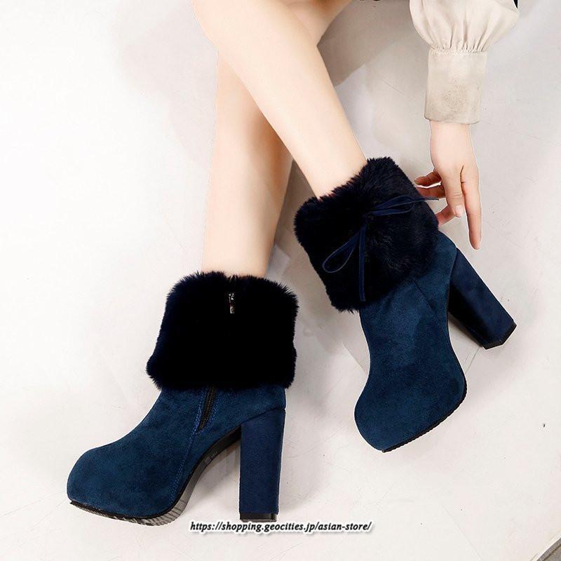 ブーツ | ショートレディース ハイヒール 10cmヒール 厚底 冬用 保温防寒 スエード調 ファー 靴 冬靴 太めヒール シューズ サイドジッパー 痛くない