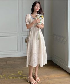 ミディアム | ワンピース レディース 着痩せ スクエアネック 上品 可愛い 半袖 ハイウエスト 透け感 Aラインワンピース 韓国風 20代 お出かけ 通勤通学 30代 きれいめ 40代