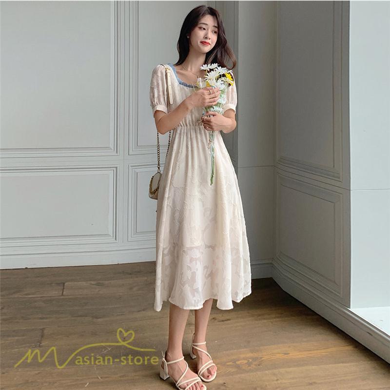 ミディアム | ワンピース レディース 着痩せ スクエアネック 上品 可愛い 半袖 ハイウエスト 透け感 Aラインワンピース 韓国風 20代 お出かけ 通勤通学 30代 きれいめ 40代