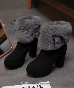 ブーツ | ショートレディース 10cmハイヒール ファー 冬用 保温防寒 太めヒール サイドジッパー スエード調 痛くない 冬靴 オシャレ 歩きやすい 痛くない