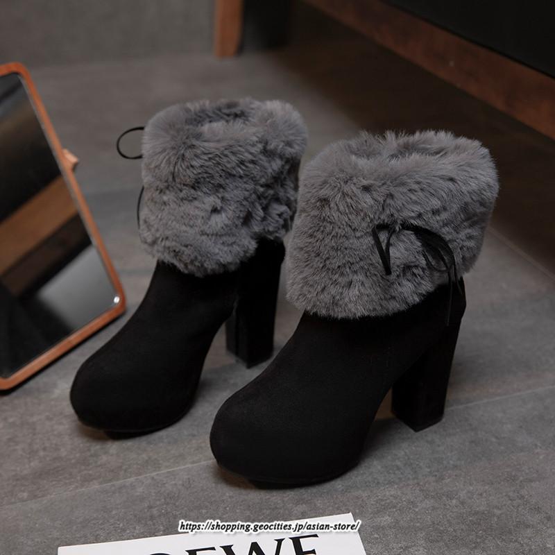 ブーツ | ショートレディース 10cmハイヒール ファー 冬用 保温防寒 太めヒール サイドジッパー スエード調 痛くない 冬靴 オシャレ 歩きやすい 痛くない