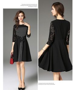 レースワンピース | 7分袖 ひざ丈ワンピ フレアワンピース レディース 大きいサイズ 膝丈ワンピース レース 二次会 通勤 水玉 切り替え パーティー