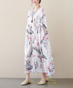 マキシ | 大きいサイズ レディース ワンピース 楽ちん 美人 コットン 着心地いい 夏 ぽっちゃり ゆったり 半袖 お腹 太もも 華奢 着痩せ ポケット 白 丸首 通勤 花柄 美脚